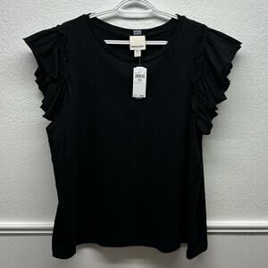 NWT, Industry Women’s Sz 1X Black Ruffle Cap Sleeve Crew Neck Tee